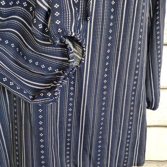 Como Vintage Women’s Navy Blue Striped Boho Peasant Top L Tie Neck Long Sleeve - Picture 3 of 7